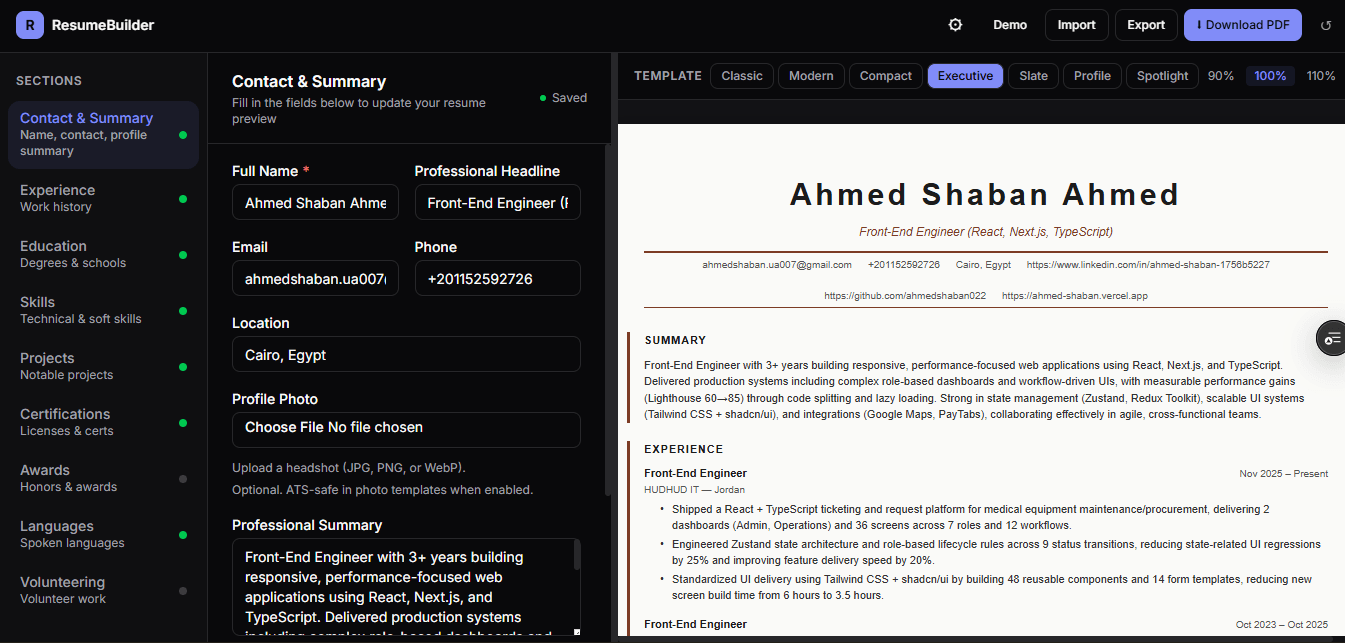 Screenshot of Resume Builder